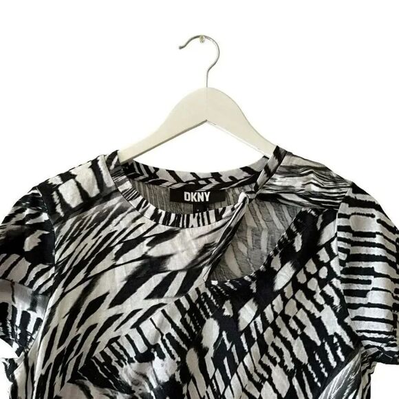 Dkny Print Knot Cutout T-Shirt in Black White Combo Soft Short Sleeves SZ M #189 - Picture 3 of 12